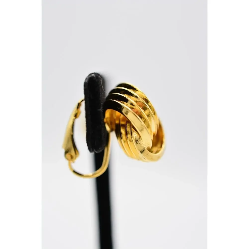 Vintage Clip On Earrings Knot Tie Stud Gold Huggie Round Metallic 1980s BinAA